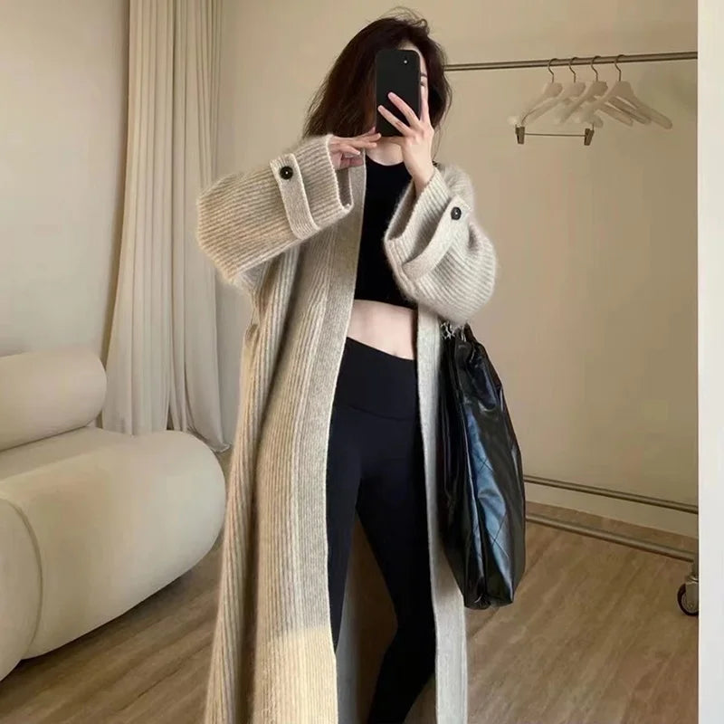 Fashion Retro Medium and Long Knitted Cardigan Sweater Women'S Autumn and Winter New Casual Loose Solid Color Sweater Jacket