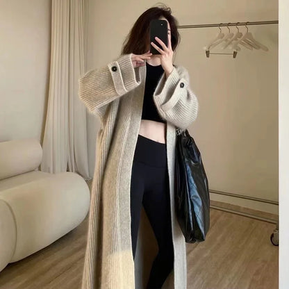 Fashion Retro Medium and Long Knitted Cardigan Sweater Women'S Autumn and Winter New Casual Loose Solid Color Sweater Jacket