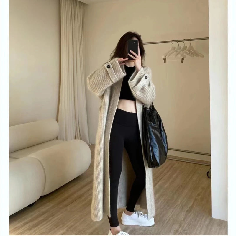 Fashion Retro Medium and Long Knitted Cardigan Sweater Women'S Autumn and Winter New Casual Loose Solid Color Sweater Jacket