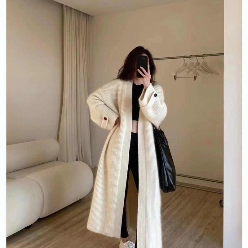 Fashion Retro Medium and Long Knitted Cardigan Sweater Women'S Autumn and Winter New Casual Loose Solid Color Sweater Jacket