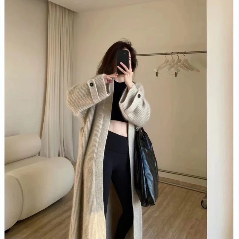 Fashion Retro Medium and Long Knitted Cardigan Sweater Women'S Autumn and Winter New Casual Loose Solid Color Sweater Jacket