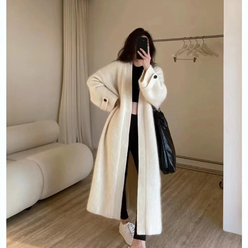 Fashion Retro Medium and Long Knitted Cardigan Sweater Women'S Autumn and Winter New Casual Loose Solid Color Sweater Jacket