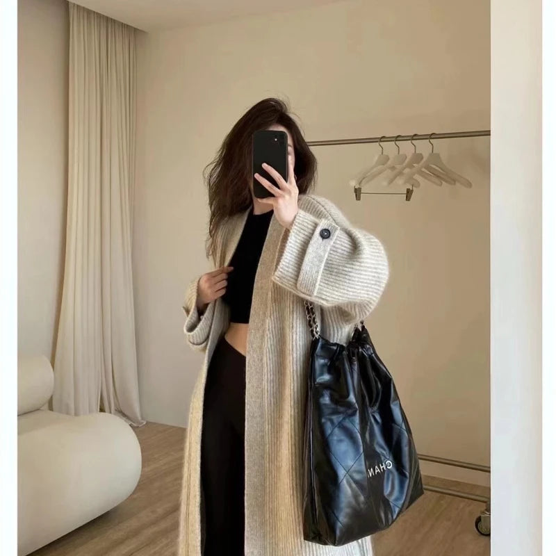Fashion Retro Medium and Long Knitted Cardigan Sweater Women'S Autumn and Winter New Casual Loose Solid Color Sweater Jacket
